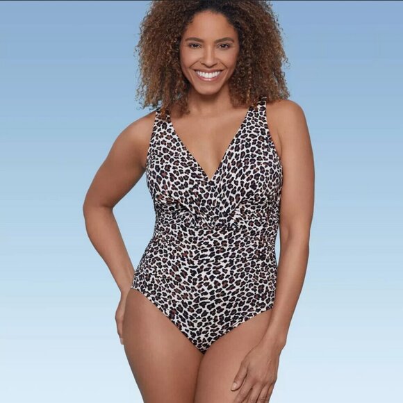 UPF 50 V-Neck Ruched One Piece Swimsuit - Shape + Style by Aqua Green Ch… - Picture 1 of 6